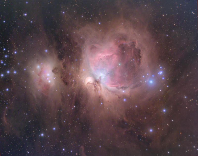M42 LHaRGB 
Hutech Idas LP filter as Luminance 11 x 600
Ha 7nm 11 x 600
RGB 24 x 150secs binned x 2
All with individual shorter subs for the core
Total imaging time 6 hours

Atik460EX
WOZS71
HEQ5
Link-words: CarolePope