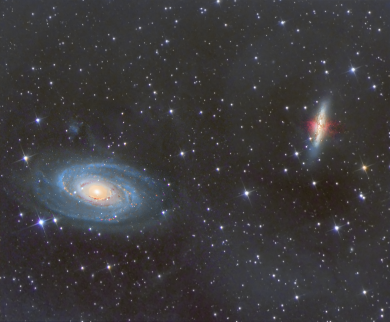 M81 & M82 & IFN
Taken at Cairds Campsite in half a night, M82 processed separately and integrated into image.  Such different dynamics not possible to process in same procedure.
Luminance: 900 x 4 + 600 x 6 + 300 x 3
RGB 3 x 150 secs binned (each)
Ha 3 x 900secs
Skywatcher 130PDS & Atik460EX, HEQ5
Link-words: CarolePope