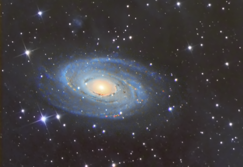 M81 
Crop from larger image M81 & M82
Luminance: 900 x 4 + 600 x 6 + 300 x 3
Various lengths to attempt IFN and preserve core of M81
RGB 3 x 150 secs binned (each)
Ha 3 x 900secs
Skywatcher 130PDS & Atik460EX, HEQ5

Link-words: CarolePope