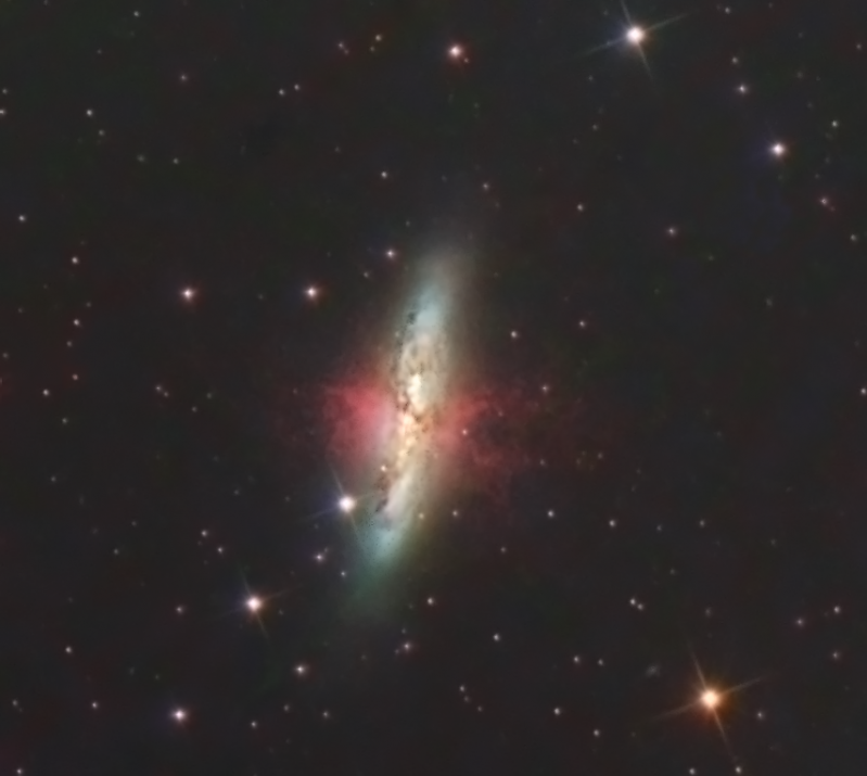 M82 Cigar Galaxy
Crop from M81 M82 image, processed separately 
Luminance: 900 x 4 + 600 x 6 + 300 x 3
Various lengths to attempt IFN and preserve core of M81
RGB 3 x 150 secs binned (each)
Ha 3 x 900secs
Skywatcher 130PDS & Atik460EX, HEQ5
Link-words: CarolePope