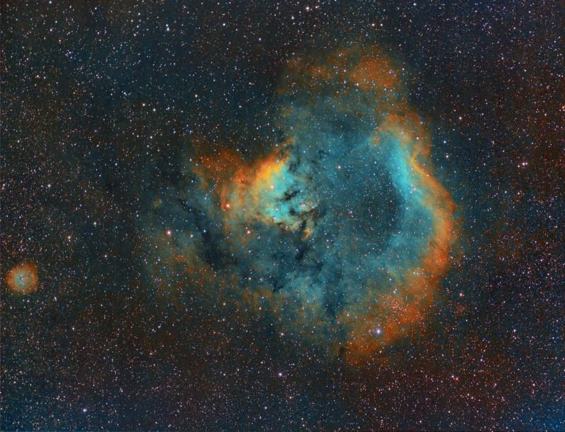 NGC7822 & Little Rosette Nebulae 
Taken from Home, Bortle 8 March 2020 over 2 nights
Ha 21 x 600
Oiii 4 x 450secs binned + 7 x 300secs binned
Sii 10 x 300 secs binned + 4 x 450secs binned
RGB 5 x 150 each (for stars)
Samyang 135mm F2 Stopped down to F2.8
Atik460EX and Baader filters
on HEQ5

Little Rosette at bottom of image

Total Imaging time 6 hours 32.5 minutes
Link-words: CarolePope