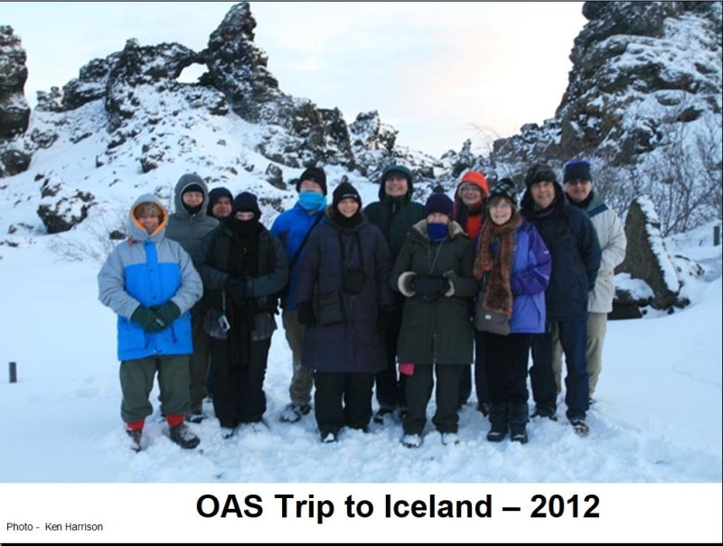 The OAS Group in Dimmuborgir
The entiure group (photo taken by the guide).  Dimmuborgir has mystical qualities accoridng to the Icelandic people, these think they are trolls. 
Link-words: CarolePope Iceland2012