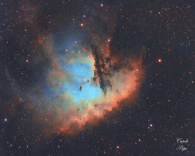 Pacman nebula NGC281
Skywatcher ED120 and FR TS 0.79
Atik460EX Baader filters 
Ha 22 x 600 (3h 40m)
Oiii 16 x 300 binned (1h 20m)
Sii 16 x 300 binned (1h 20m)
Some RGB for the stars 

Total imaging time 6hours 20 mins
Taken from a friend's back garden in Swanley Bortle 6
Link-words: CarolePope