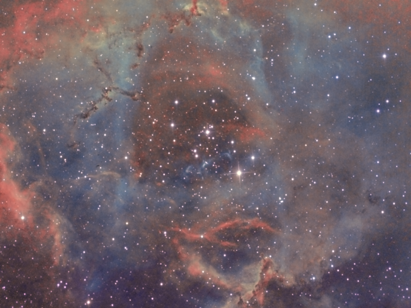 Rosette Nebula SHO
The main part of the image is only 2hours 40 minutes.

Ha 9 x 600secs
Oiii 5 x 300secs binned x 2
Sii 4 x 300secs binned x 2

SW130PDS, Atik460EX, HEQ5
EQMod
Link-words: CarolePope