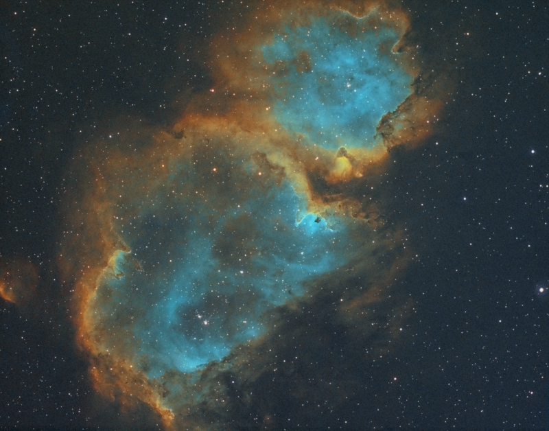 Soul Nebula IC1848
Taken from Bromley SE London
Atik 460EX and SWED72
on HEQ5
Ha 30 x 600 (5 hours)
Oiii 15 x 300 binned x2  (1 1/4 hours)
Sii 15 x 300 binned x 2 (1 1/4 hours)
Total imaging time 7 1/2 hours
Link-words: CarolePope