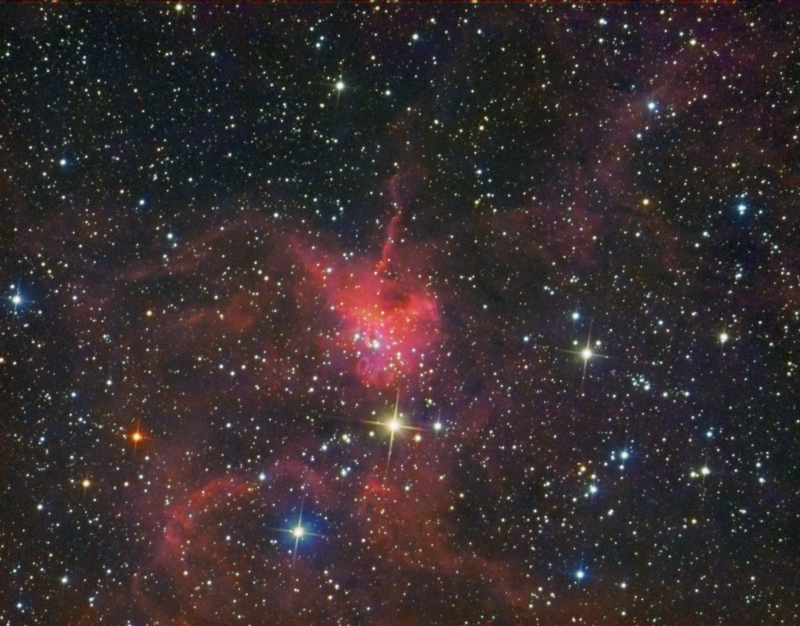 Spider nebula IC417 Part of the Spider and the Fly complex (fly is out of the FOV)
Bortle 8
HaRGB
(I took Oiii and Sii) but left them out as they didn't add anything.
SW130PDS & Atik460L
Ha 14 x 900
Red 6 x 150secs binned
Green 7 x 150secs binned
Blue 6 x 150secs binned 
Link-words: CarolePope