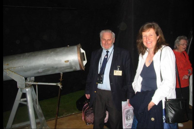 Sky at Night event
50 Years of Skly at Night.  Party in Patrick Moore's garden where he received a presentation certificate.  
Sue (OAS Vice Chairman) and Gilbert (OAS President) looking at one of Patrick moore's scopes. 
Link-words: Chichester Celebration2007
