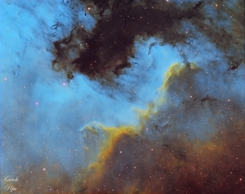 North America Nebula - The Wall NGC7000
Atik460EX & Skywatcher ED80 + Focal reducer x 0.8 
Ha 22 x 600 (3h 40m)
Oiii 10 x 300 binned (50m)
Sii 11 x 300 binned (55m)

Total imaging time 5hours 25mins
Link-words: CarolePope