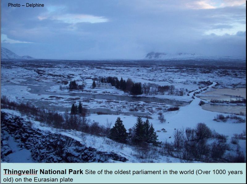 Eurasian Tectonic Plate seen from the American plate
Standing on the American plate we were looking down at the Eurasian plate on which stands the oldest parliament in the world.  
Link-words: CarolePope Iceland2012