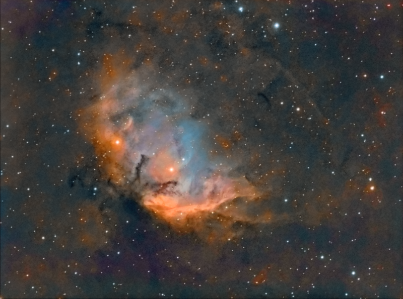Tulip Nebula Sh2-101 
Reprocess of data from May 2019:
Hubble palette plus RGB stars

Atik428EX & SWED120 + FR
Ha 3.5nm 15 x 600
Oiii & Sii binned 300 x 8 each
RGB 4 x 100 binned Each
Mount HEQ5
Taken at an Astro camp Bortle 4 but during the first quarter Moon
Link-words: CarolePope