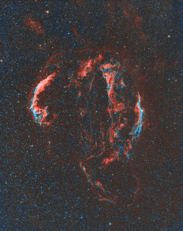 Veil Nebula complex 
Taken over 2 nights May 2020 from Home
Samyang 135mm F2 lens stopped down to F2.8
Atik460EX and Baader filters, HEQ5
Ha 2 x 600secs + 6 x 900secs
Oiii 6 x 300secs binned + 3 x 600 unbinned
RGB 3 x 150 (each)
Total imaging time 2hours 55mins (almost 3 hours)
Link-words: CarolePope