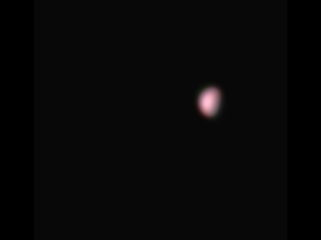 Venus taken low on the horizon 30 Dec 2007
See my other Venus image. The difference is that this one has had the RGB Align function in Registax applied to it - it is the same image! The Registax magic has put all the colours back in the right place, I was amazed.
Link-words: Duncan