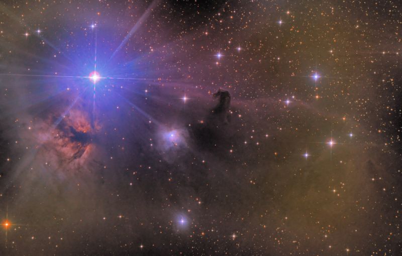 Alnitak, Flame and Horsehead 30 Jan 2019 Manche, France
The Revelation 1.25" UV/IR filter installed as close to the camera sensor has done it's job a bit too well and cut the Hydrogen Alpha wavelengths limiting the red on the wall around the Horsehead.
Link-words: Duncan
