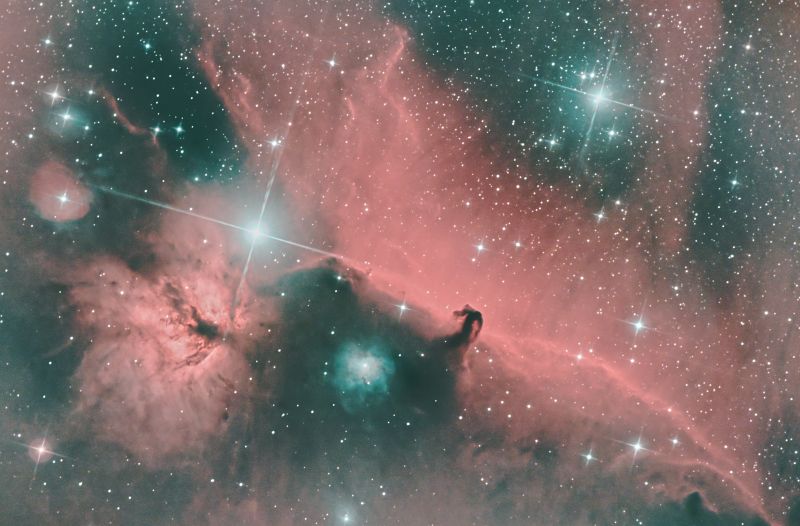 Flaming Horsehead
Acquisition: NINA 49x240s (3 1/4 Hours), Gain 120, Offset 4, Temp -5c

PixInsight: WBPP drizzle 1x drop size 0.9, autocrop, SCC, ABE, EZDecon, EZDenoise, GSHx2, EZStarReduction 

Affinity 2: Gaussian Blur 0.4radius, Clarity 33%, Shadows and Highlights - 23, 79, -42, 67
