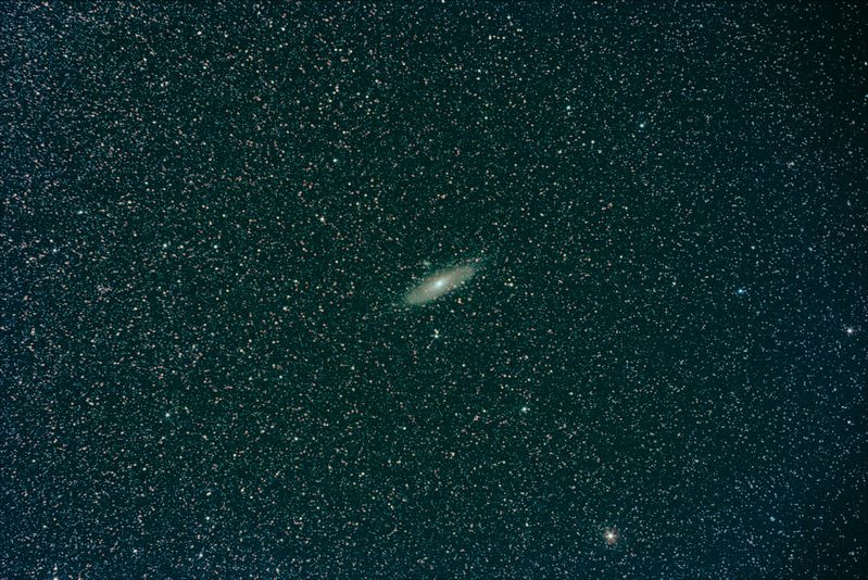 M31, M101, M32 Widefield (26x17 degrees)
Imaged using an iOptron SkyTracker RA drive borrowed from Robert. Polar alignment wasn't perfect so there is slight trailing on the 300s subs.
