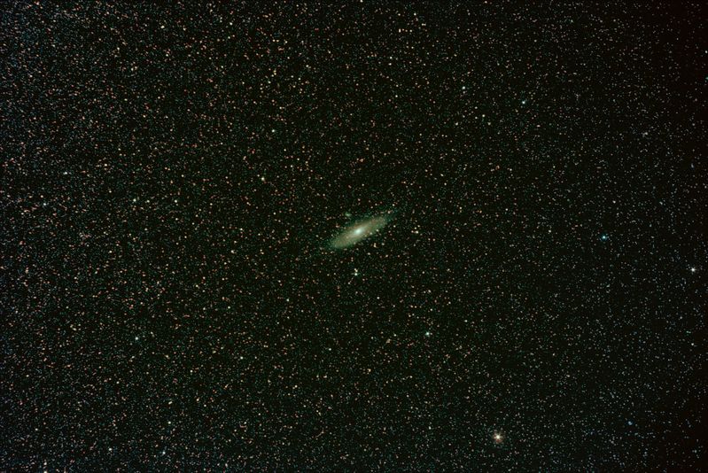 M31, M101, M32 Widefield (26x17 degrees)
Imaged using an iOptron SkyTracker RA drive borrowed from Robert. Polar alignment wasn't perfect so there is slight trailing on the 300s subs. Half size resampled. Colour improved.
Link-words: Duncan