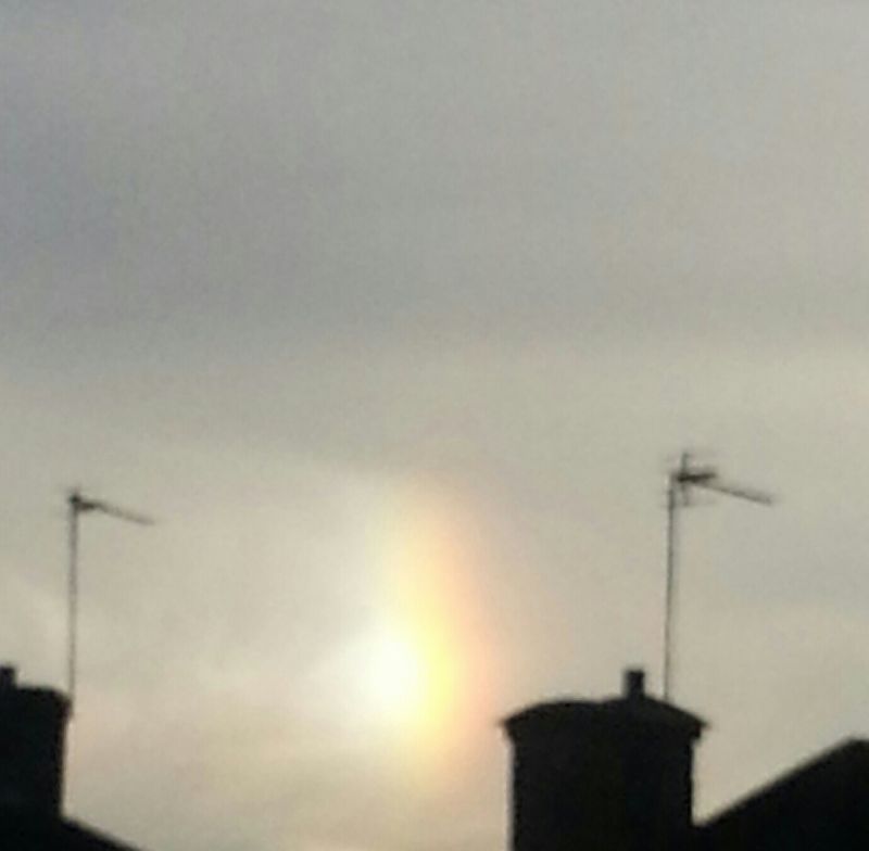 Rachel Conquest - Sun Dawg
Rachel managed to photograph a Sun dog with her Samsung Galaxy S3 smart phone camera. Sun dogs are an atmospheric phenomenon that consists of a pair of bright spots on either horizontal side on the Sun, often co-occurring with a luminous ring known as a 22° halo
