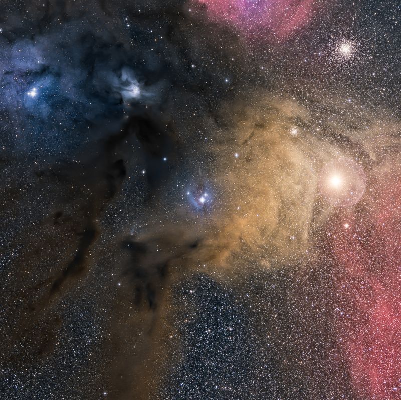 Rho Ophiuchi
This rich & colourful star forming region contains red emission nebula, blue reflection nebula, vast dust lanes, and views of globular clusters, and Antares. 
