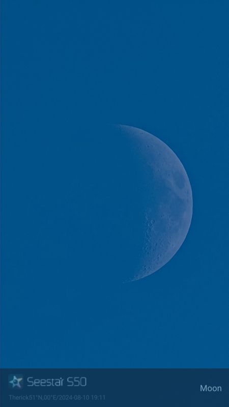 Our Moon as seen in Greenwich park.
Our Moon, If you zoom in a little, you can clearly see, near the terminator, the craters: Theophilus (with it's central mountain peak, Cyrillus and Catharina.
Link-words: Moon