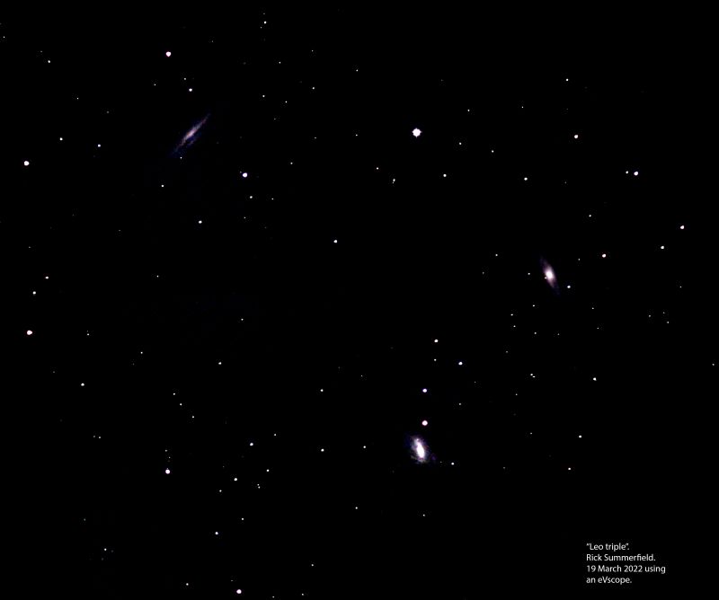 Leo Triple (a mosaic of 9 images) 
The Leo triple, this single image is a mosaic of 9 images, all taken within a few minutes of each other, combined together to create a field of view that is wide enough to enclose the "Leo triple". Each of the 9 images was viewed for about 5 minutes, so the total viewing time is 45 minutes.  
Link-words: Messier