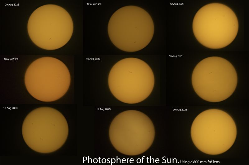 The Sun's Photosphere
Photosphere of the Sun, in white light, taken over several days, in an attempt to capture the changing sunspots on the Sun.
Link-words: Sun