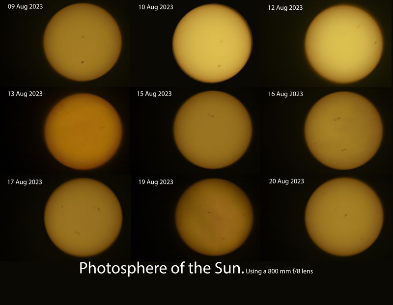 The Sun's Photosphere
Photosphere of the Sun, in white light, taken over several days, in an attempt to capture the changing sunspots on the Sun. Reprocessed using "Dxo's PhotoLab" to perform the RAW conversion, instead of "On1 RAW", this brought out the sunspots.
Link-words: Sun