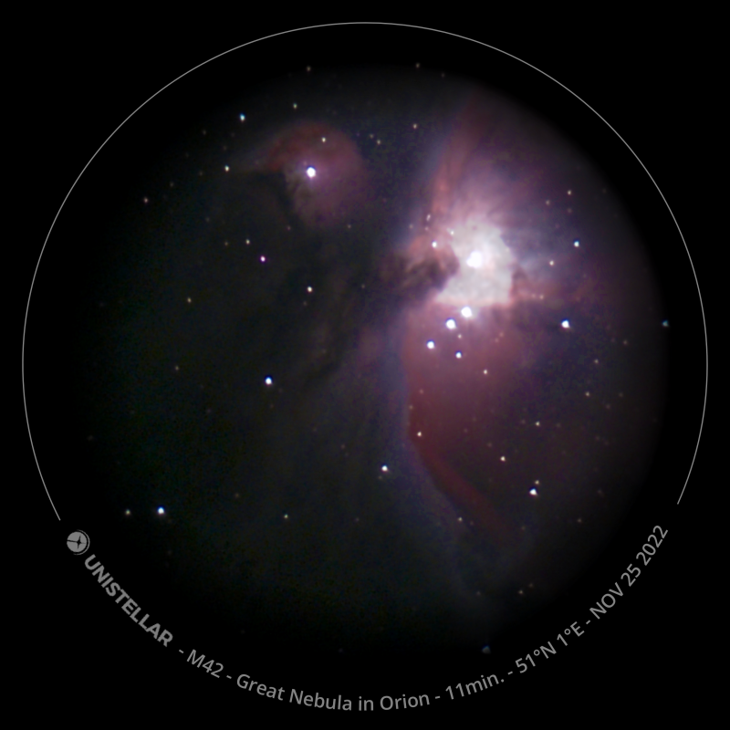 M42 The great nebula in Orion
The great nebula in Orion, taken with a Unistellar eVscope, this image has the Unistellar "roundel" overlay showing the name, viewing time, location and date of when this object was viewed, this overlay is applied in the eVscope.
Link-words: Messier