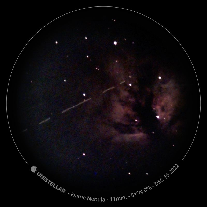 Flame nebula in the constellation of Orion 
One of the many objects viewed at the observation evening at Otford on the 15 December 2022
A passing plane did a "Photo bomb", this created the dashes in the image.
Link-words: Nebula