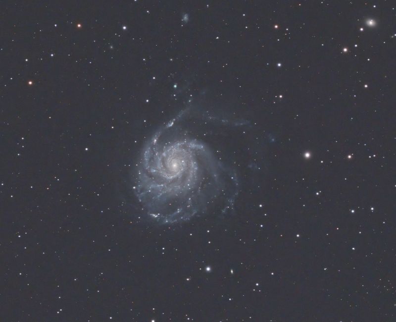 JRD_110523_m101_cropped
M101 or NGC 5457 Pinwheel Galaxy is a face-on spiral galaxy located in the constellation Ursa Major, the Great Bear. It is about 170,000 light years in diameter, which makes it roughly 70 percent larger than our galaxy, the Milky Way. It is 21 million light-years from earth and was discovered by the French astronomer Pierre Méchain on March 27, 1781.
Link-words: Galaxy