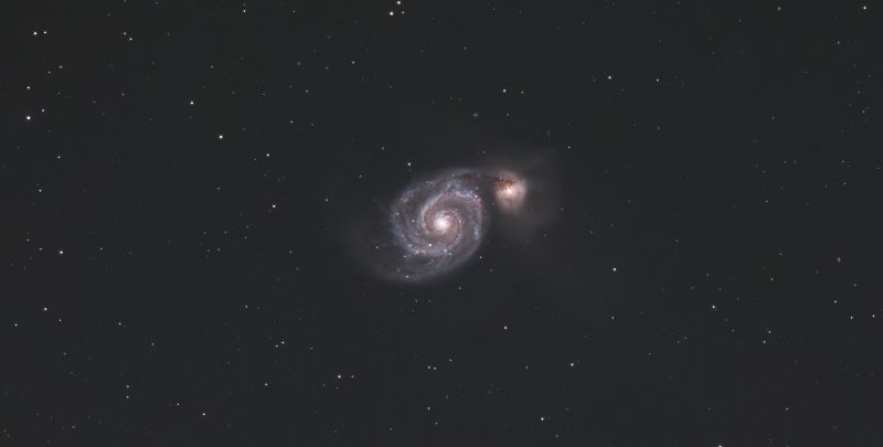 M51 (The Whirlpool Galaxy) One Shot Colour
M51 Imaged over two evenings total of 93 light frames 180s usual Flat , Dark Flat and Dark Frames. 3 Frame Dithering, Gain 102.
Link-words: Galaxy