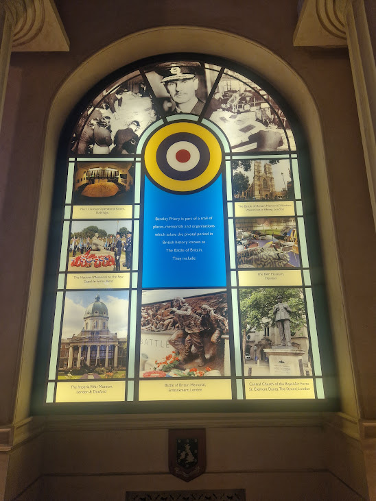 Bentley Priory Museum 2024- Stain Glass Window
Image of one of the stain glass windows inside the main building that shows different historic places of importance and memorial for the Battle of Britain and WW2
Link-words: BentleyPriory2024 London