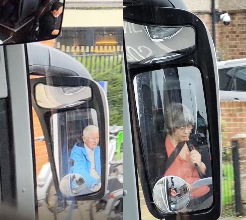 Members giving talks MLAT 2024
9 members gave talks on each of the 22 places visited from Information Greg Smye Rumsby had prepared and some research of their own.  Two photos taken inside the coach captured 2 of the members giving their talks from the front seat with a  microphone.  They were captured reflected in the coach wing mirrors.
Photos by Ruth and Andrew Ramsay.  
Link-words: London MLAT2024