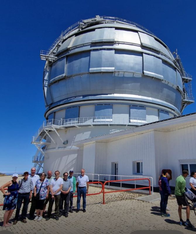 The Gran Telescopio Canarias OAS Members after our tour
This is the only observatory that allows inside tours of which only 2 half hour tours are permitted per day (during the Astronomers' lunch break).  
We were taken up the mountain by coach.
This is our group after the tour.  
Link-words: LaPalma2024