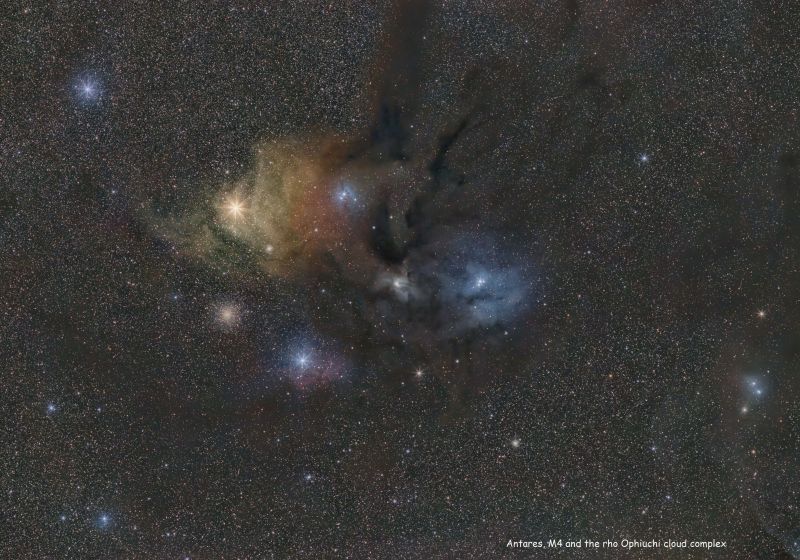 Antares, M4 and the rho Ophiuchi cloud complex
True-colour image taken with a camera tracker, unmodified mirrorless camera with a standard 200mm f2.8 camera lens. The image is from just 35 one-minute exposures taken over two nights!  A few 30s and 10s exposures were used with HDR to control star saturation.
