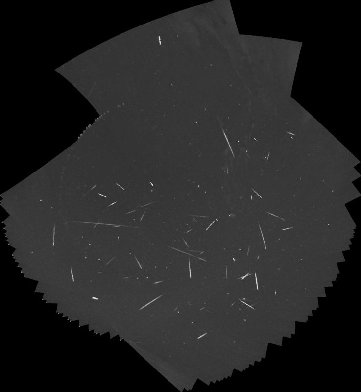 Sporadics 2022 Jan 29-30 tracked stack
From late January to mid April there are very few established meteor showers, but that doesn't mean there aren't many meteors. This tracked stack covering the night of 29th to 30th January 2022 shows 48 meteors. Two appear to be associated with the Omicron Hydrids shower, and one with the Alpha Antilids. The other 45 are sporadics.
