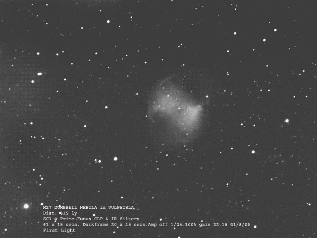 M27
The Dumbell (M27) taken at the prime focus with an SC3.
Link-words: Messier Nebula