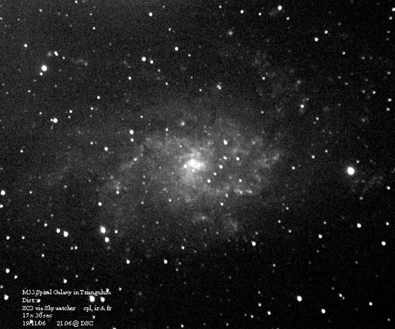 M33 Pinwheel Spiral Galaxy in Triangulum
Tis was the first time I had seen this galaxy, at Headcorn. The clouds were rolling in so I was glad to have seen it & captured it although not a very good image. It's diameter is 50,000 l.y. & it is a member of the local group.
Link-words: Messier Galaxy
