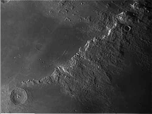 Montes Apenninus
This image again was taken on the morning 5th August and is of Montes Apenninus and crater Eratosthenes
Link-words: Moon
