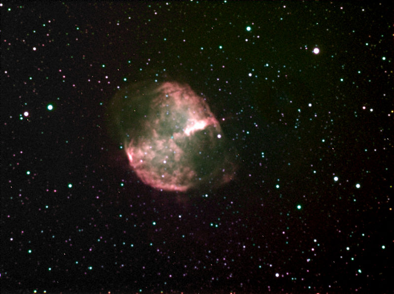 M27 Dumbell Nebula false colour LHaGB
M27 Dumbell Nebula
All 120s exposures, 10 x L + 5 each of HaGB

Image taken at the same time as the LRGB

Credits to Chris for teasing out the detail and post processing.
Link-words: Messier Nebula