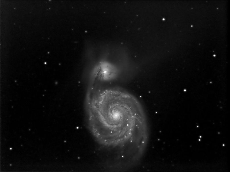 Messier M51 Whirlpool Galaxy (binning trial)
Messier M51 aptly nicknamed the Whirlpool Galaxy in the constellation of Canes Venatici with it's merge partner NGC 5195.

Image 

Also in the image is 

IC 4278 - a Mag 15.4 irregular galaxy to the left of where the main galaxies join.
IC 4277 - Mag 15.7 edge on spiral to the upper left corner of NGC 5195.
The fuzzy blob in the tail of 5195 is a Quasi Stellar Object that I haven't been able to identify
Link-words: Messier Galaxy