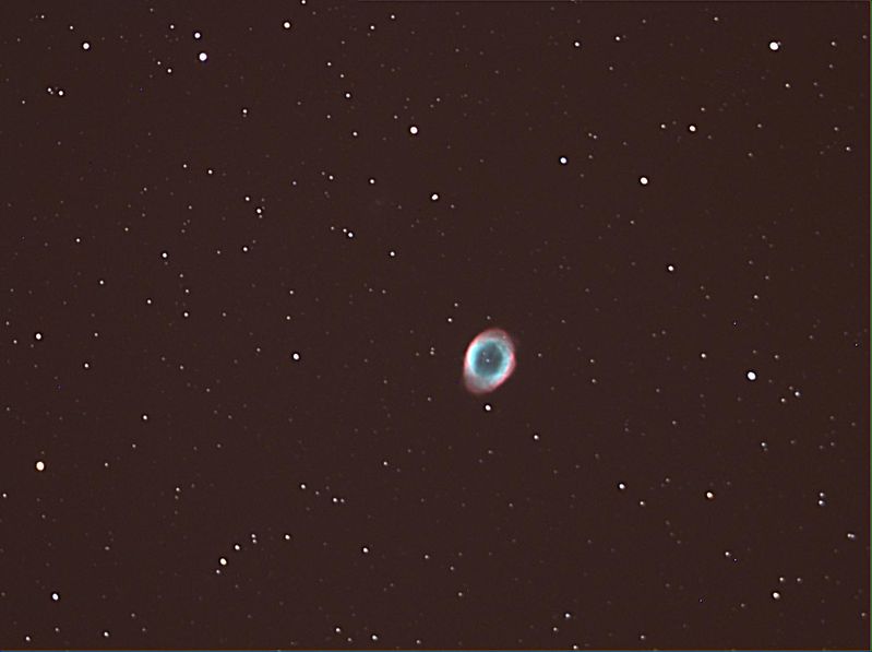 M57 The Ring Nebula
3 x 300s Luminance + 2 x 100s each of RGB used for a quick test of the CFW-8 filter wheel modded to work via RS232.  I used the AP 0.67 Reducer in the C9.25 rather than the Celestron 0.63 Reducer Corrector, it shows this scope has a reasonably well corrected field.

The luminance filter was a Baader Neodymium and wasn't parfocal with the RGB filters, I think this explains some elongated star shapes.  No Flats/Darks or Bias frames used and only mild stretch and sharpening used in PS.

I'm surprised how his came out considering there is only 200s for each of the colours and no SC corrector used.
Link-words: Messier Nebula