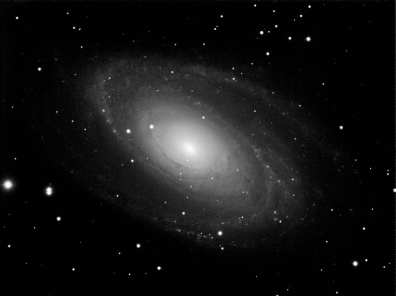 M81 Bodes Nebula
Located in Ursa Major this near perfect spiral galaxy is about 12 million light years away. It is the largest galaxy in the M81 group which is one of the closest groups to the Local Group.

Taken in approx Mag 4 skies with high cloud.  Image guided with QHY5 and PHD and rough polar alignment.
Link-words: Messier Galaxy