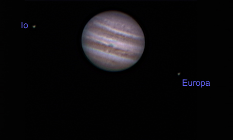 Jupiter with Io and Europa and the GRS comming into view
Jupiter on the night on the 11th April 2005 with Io and Europa, if you look just to the right of Io on Jupiters globe you will see the Great Red Spot comming into view.  Also in the middle of the globe you will see a green festoon.
Link-words: Jupiter