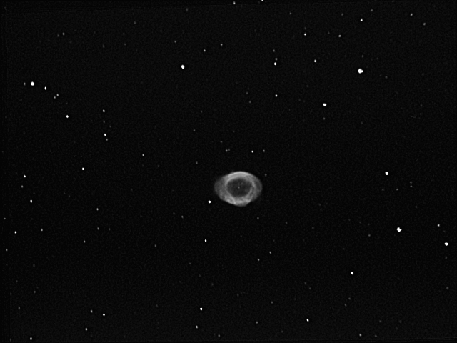 M57 Ring Nebula
This picture was a real surprise, I thought I got the collimation about 90%, the focus spot on and the exposure about right, but when I processed the images I was really happy.  It shows some really good detail in the ring as well as stars down to magnitude 18.
Link-words: Messier Nebula