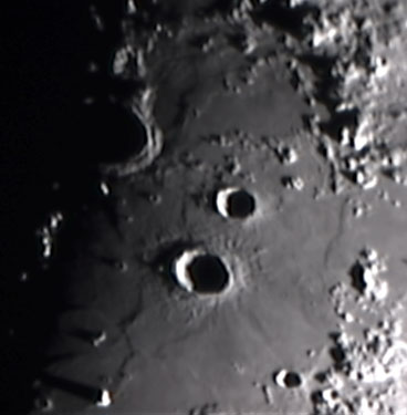 The craters Autolycus, Aristillus and Theaetetus
A small part of the moon along the terminator, showing (from centre to bottom right) the craters Autolycus, Aristillus and Theaetetus, and one edge of the crater Archimedes (above centre left).
Link-words: Moon