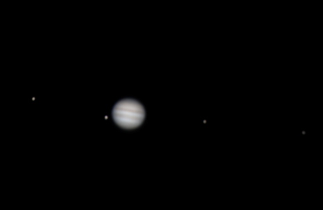 Jupiter and 4 moons
Left to right is Io, Gnaymede, Europa, Callisto
20 frames of 1/10sec stacked.  Jupiter was 15deg in altitude and the seeing was terrible.
Link-words: Jupiter