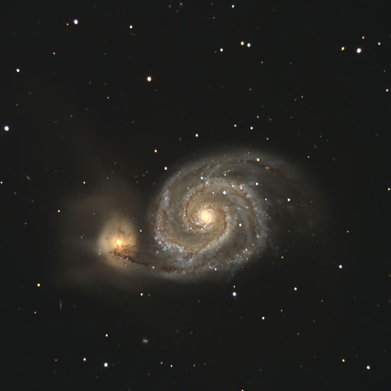 M51 from Kelling Heath & Riberac
7.5 hours total exposure in 5 minute subs.  5 hours at the Kelling Heath Star Party and 2.5 hours at Riberac in France
