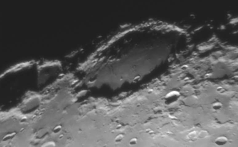 Schickard Walled Plain
This circular walled plain is 230km x 230km
Image resolution is approx 0.7km / pixel
Only the red channel was processed
Link-words: Moon