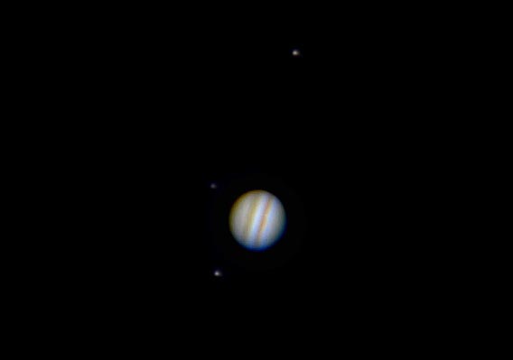 Jupiter and Moons 10-9-11
Composite of Jupiter and Moons done on same evening, but different exposures.  Bottom left Callisto, left of Jupiter Europa, above Jupiter Io.  
Link-words: CarolePope