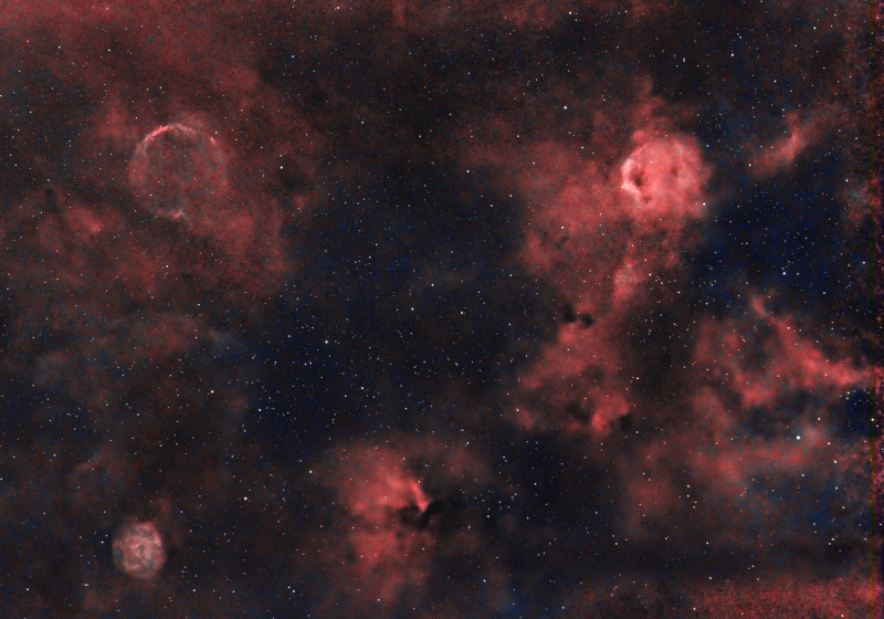 Abel 85, Phantom of the Opera and Little Rosette Nebulae
Abel 85, Phantom of the Opera (Sh2-173), and Little Rosette Nebulae (Sh2-170)
Very little data so making a silk purse out of a sow's ear.  
Had to process in HSS as nothing shoing in Oiii.
Planning to do this again for much longer
1hr 55mins data 
Ha 1hour 40mins, 
Sii 15mins 
Link-words: Carole